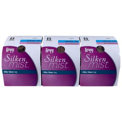 3 L'eggs Silken Mist Control Top, No-Roll, Silky Sheer Leg Pantyhose NUDE Size B